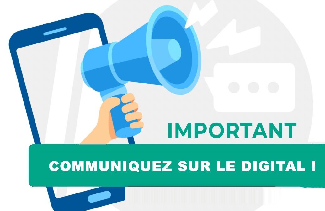 Smartphone with a blue megaphone and a teal ribbon that reads 'COMMUNIQUÉ SUR LE DIGITAL!'
