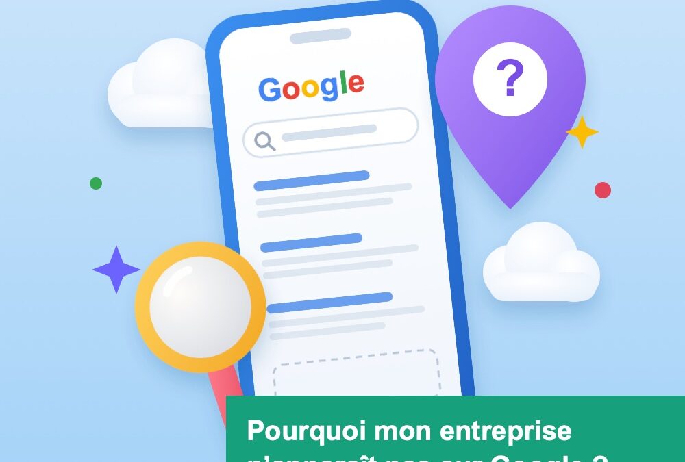 Smartphone showing a Google search results page with a magnifying glass and a purple location pin with a question mark; French banner asks why a business isn’t on Google.