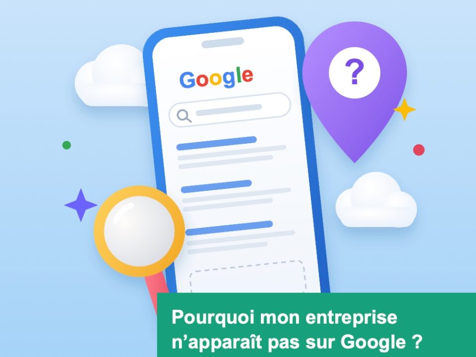 Smartphone showing a Google search results page with a magnifying glass and a purple location pin with a question mark; French banner asks why a business isn’t on Google.