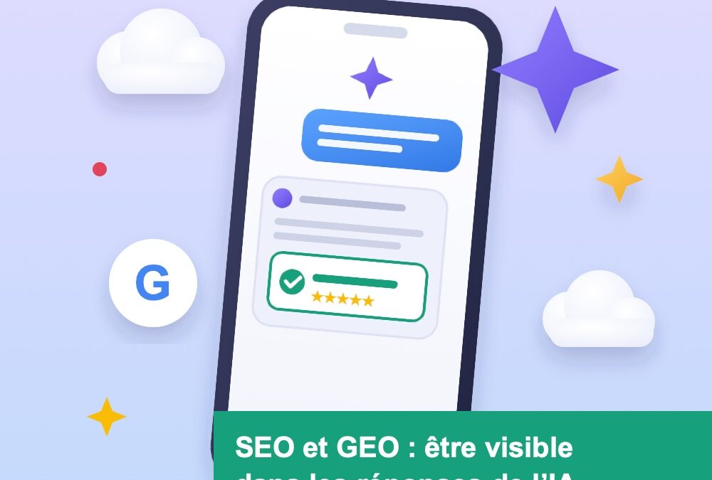 Smartphone tilted with a chat-style UI and a green banner showing the French title about SEO and GEO visibility in AI answers.
