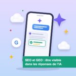 Smartphone tilted with a chat-style UI and a green banner showing the French title about SEO and GEO visibility in AI answers.