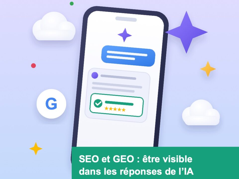 Smartphone tilted with a chat-style UI and a green banner showing the French title about SEO and GEO visibility in AI answers.